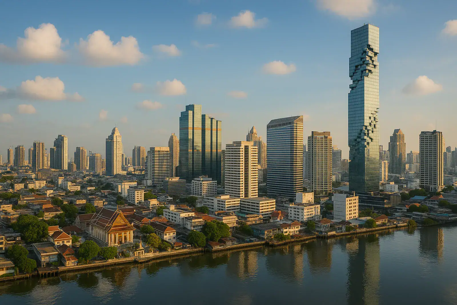 Modern skyline with river view.