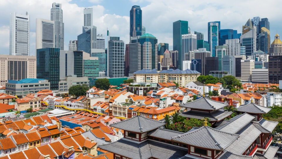 Skyline over Chinatown's colorful rooftops.