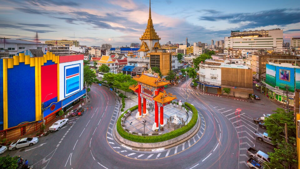 Colorful cityscape with Chinese architecture.