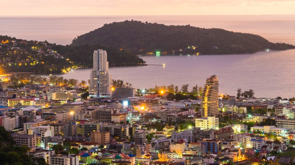 Cityscape with coastline and buildings