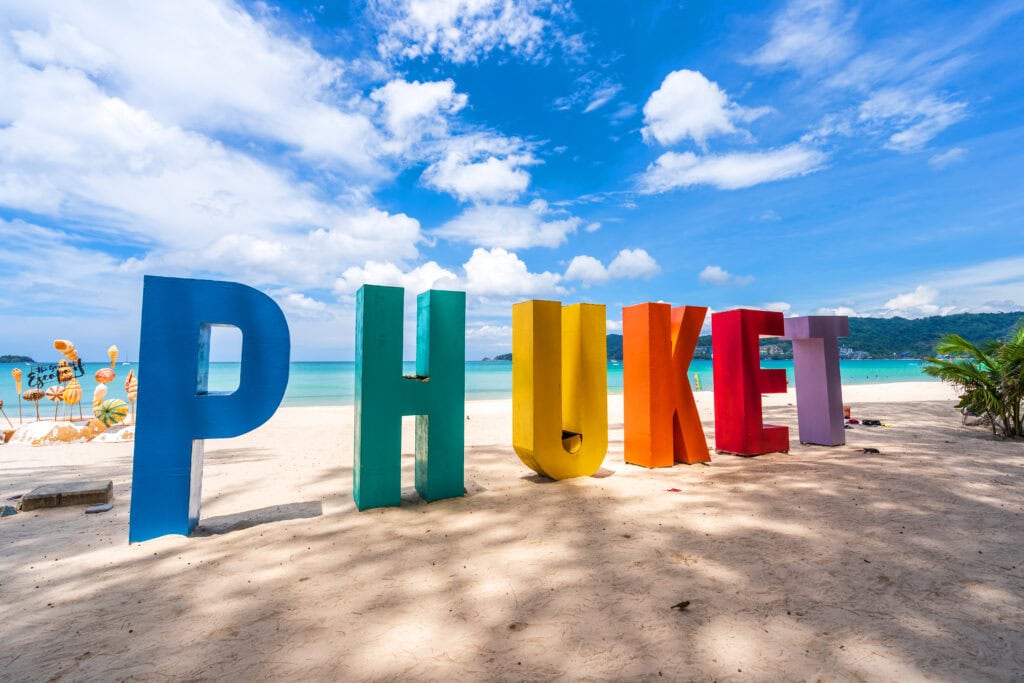 Colorful letters spelling PHUKET beach