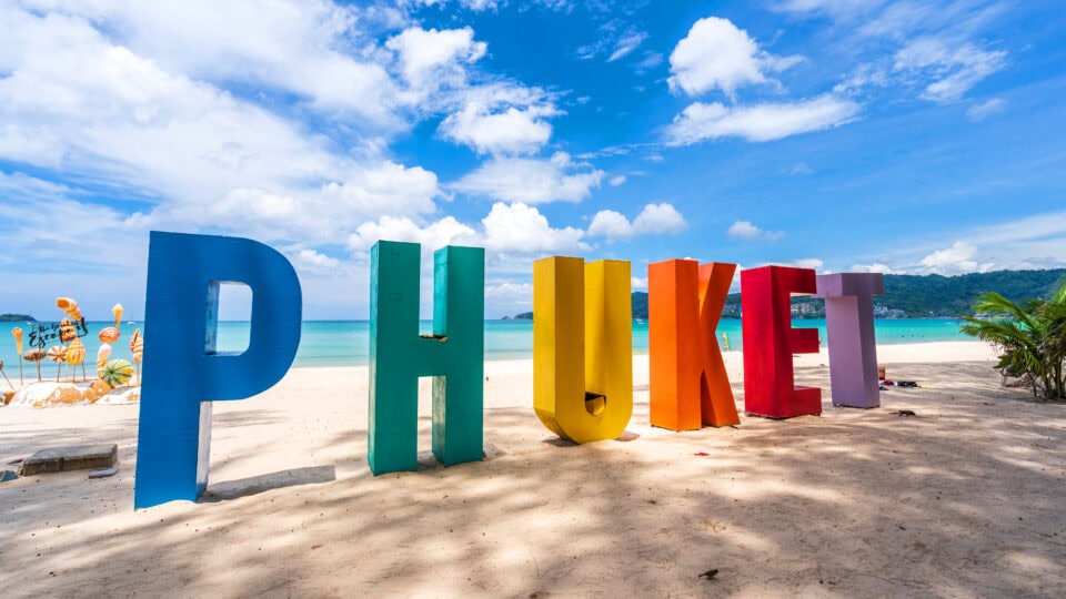 Colorful letters spelling PHUKET beach