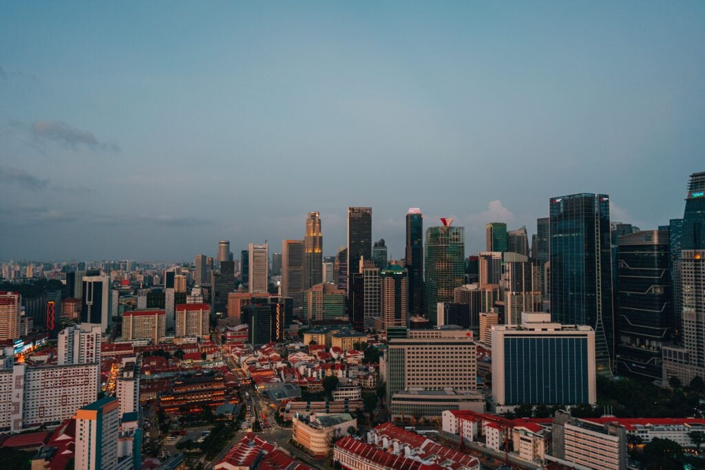 City skyline with modern skyscrapers.