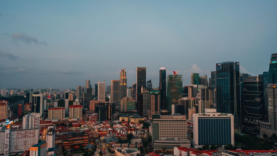City skyline with modern skyscrapers.