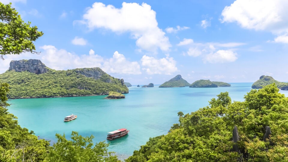 Tropical islands with clear blue water.