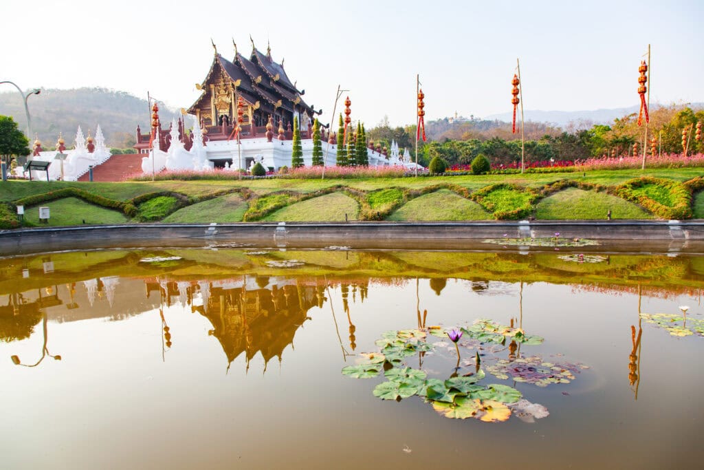 Temple reflection in tranquil water