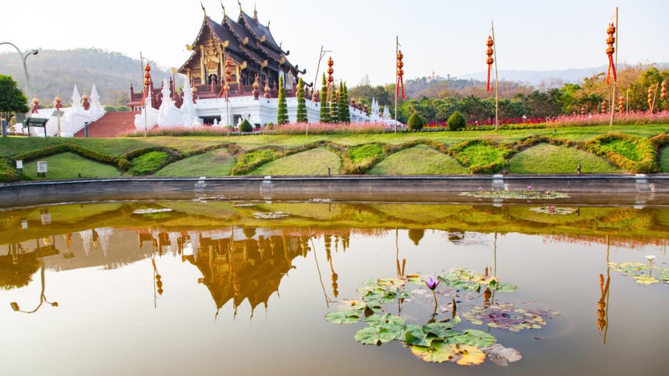 Temple reflection in tranquil water