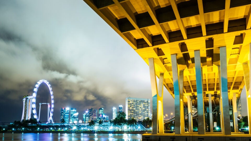 Illuminated skyline with Ferris wheel