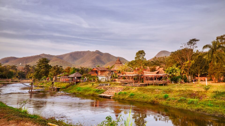Scenic river view with village houses