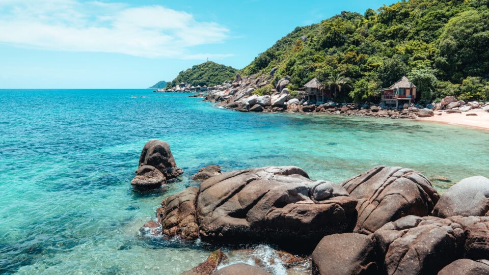 Clear water, rocky beach, lush greenery.
