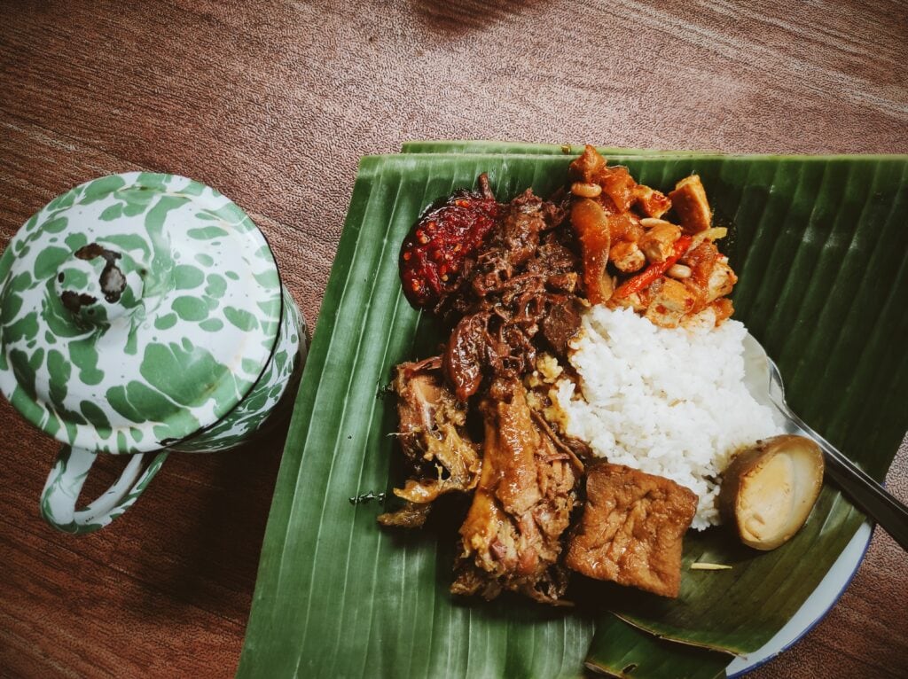 Traditional Indonesian meal on banana leaf