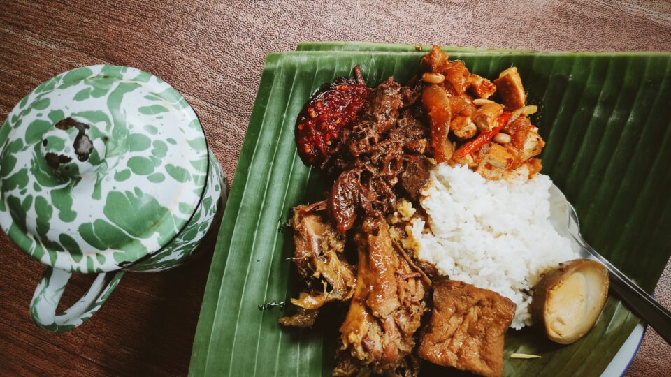 Traditional Indonesian meal on banana leaf