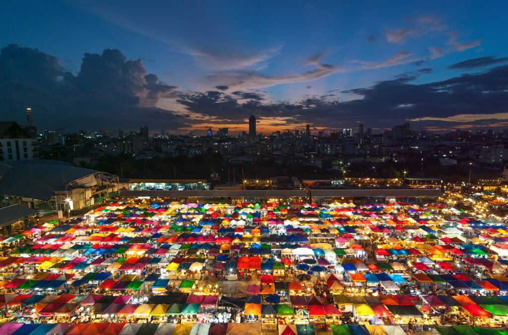Colorful tents at vibrant night market
