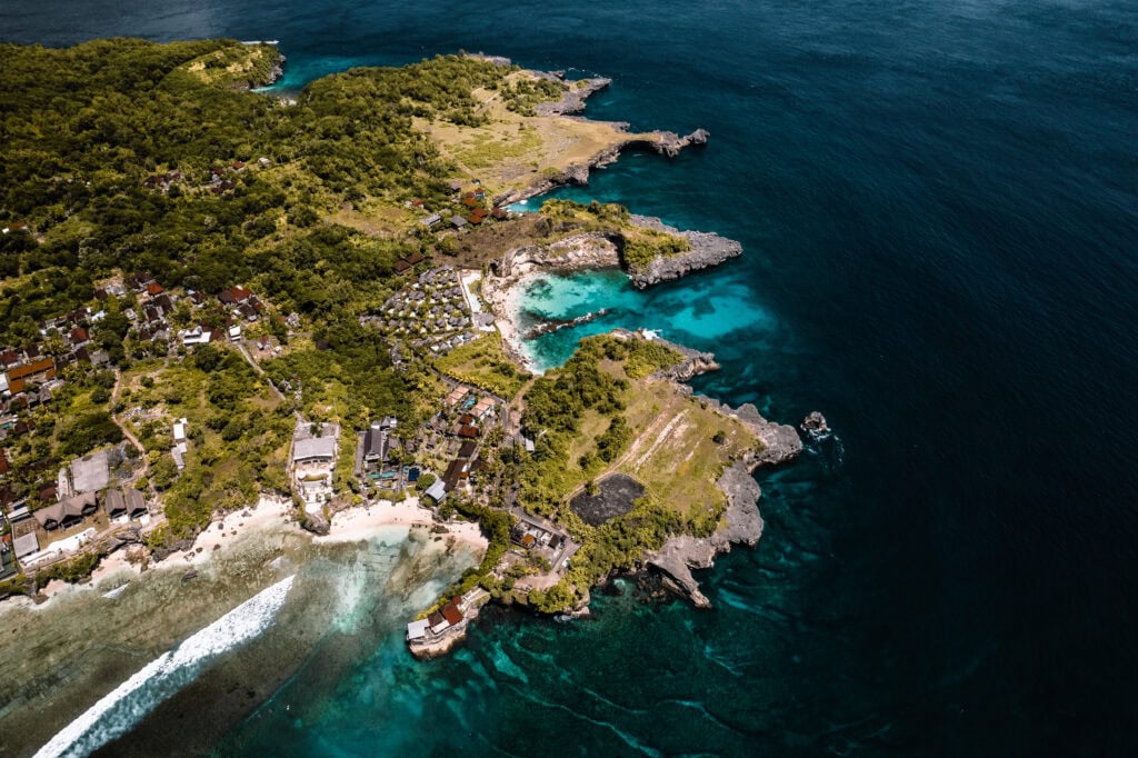 Coastal landscape with turquoise waters.