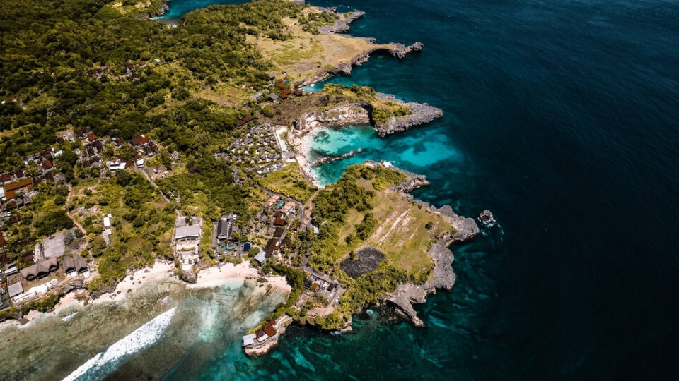 Coastal landscape with turquoise waters.