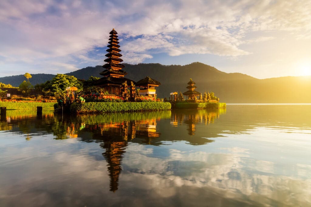 Serene temple reflecting on water