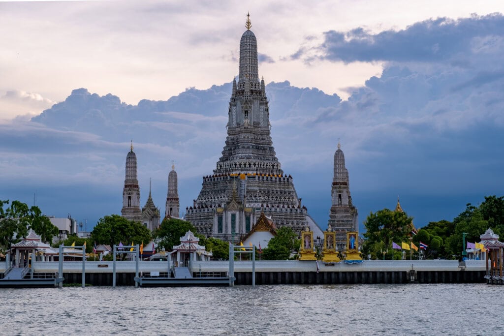 Majestic temple by the river.