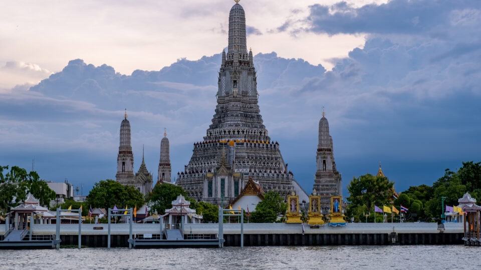 Majestic temple by the river.