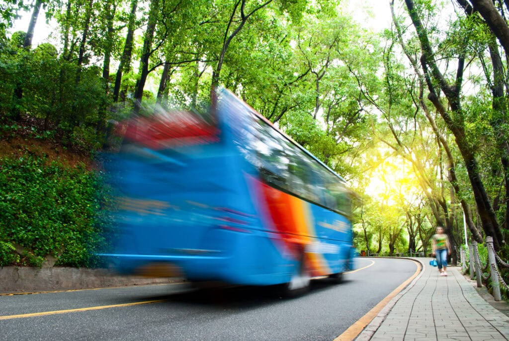 Bus moving through a green forest