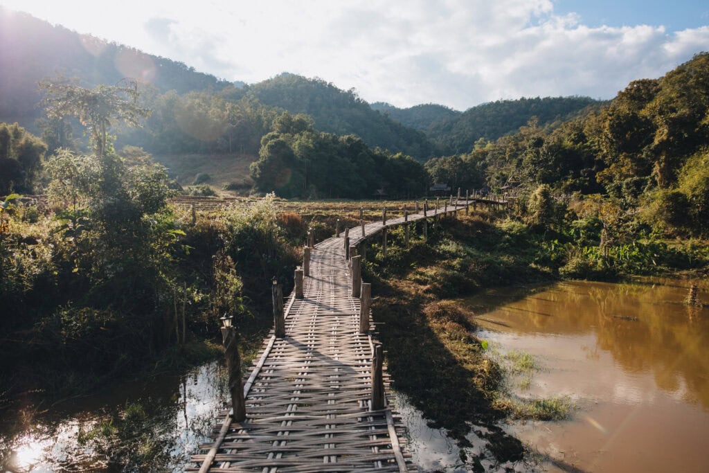 Scenic bridge over lush landscape.