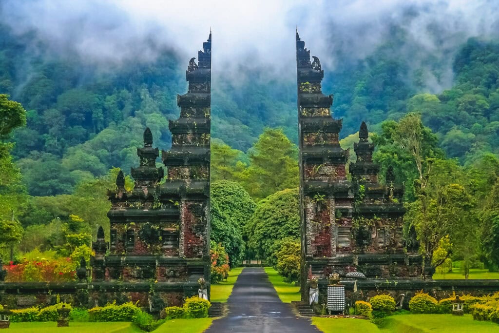 Lush green temple entrance in Bali