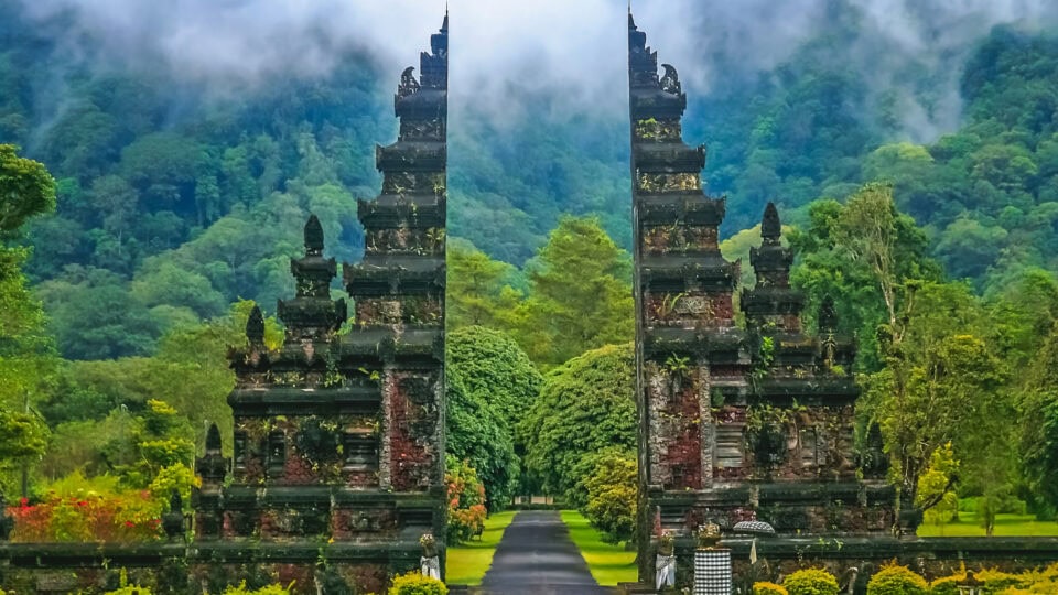 Lush green temple entrance in Bali
