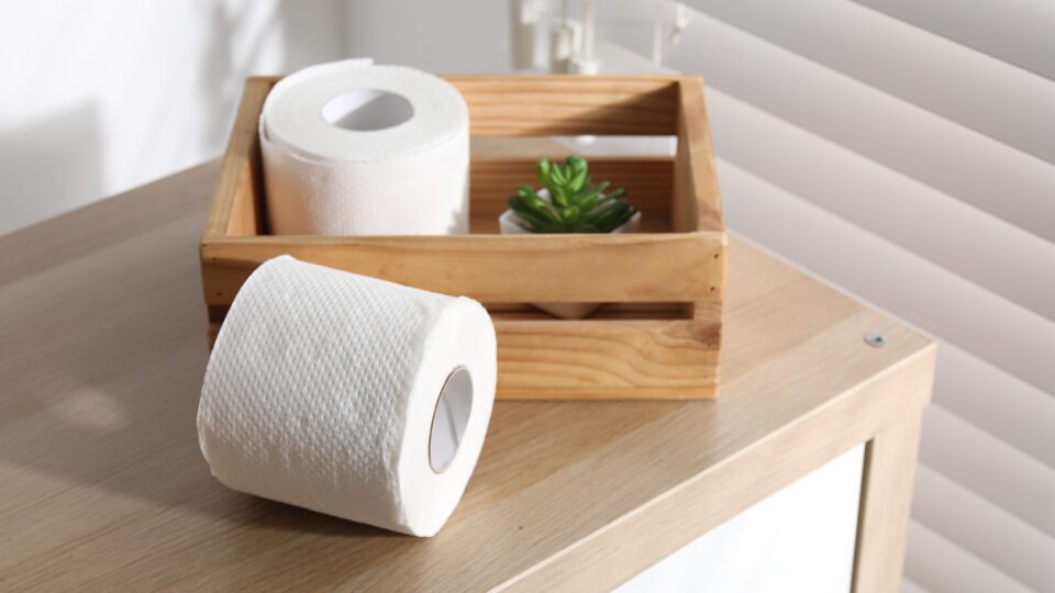 Toilet paper rolls on wooden table.