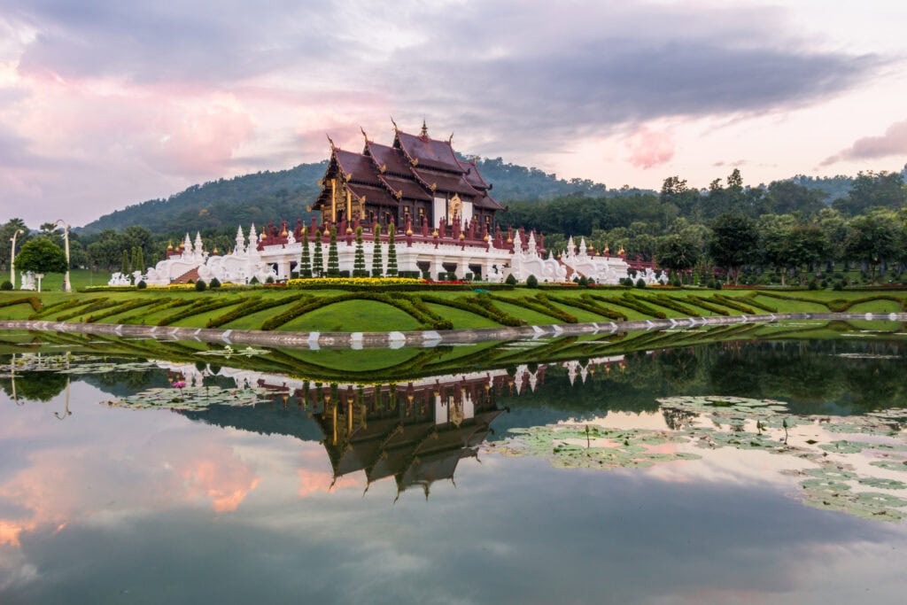 Beautiful temple reflecting in water.