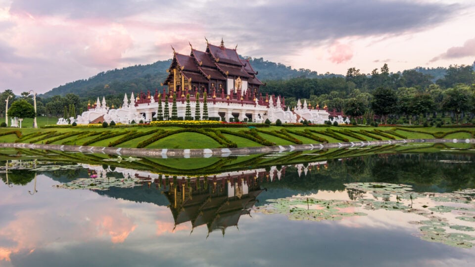 Beautiful temple reflecting in water.