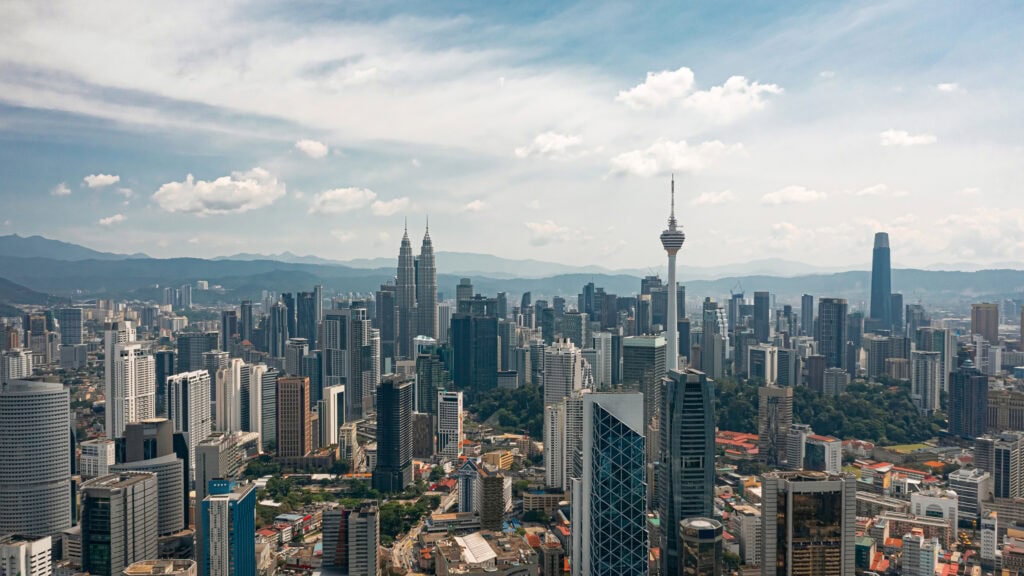 Modern city skyline with skyscrapers.