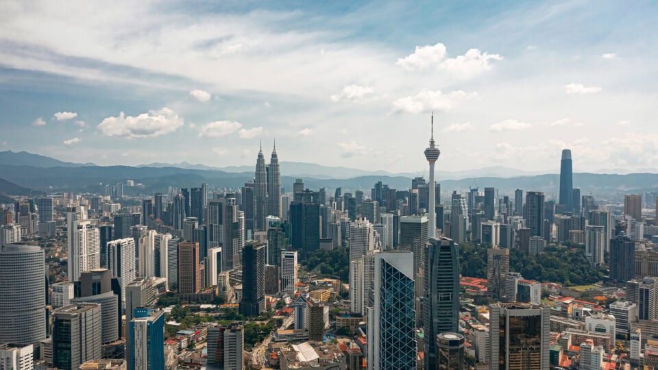 Modern city skyline with skyscrapers.