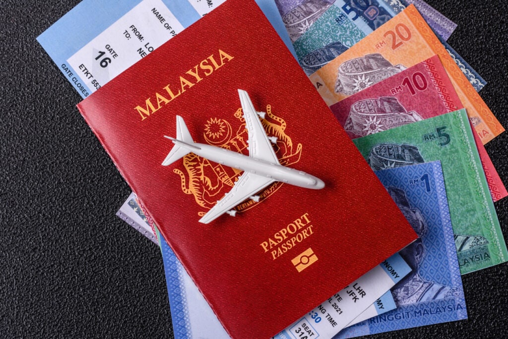 Malaysia passport with airplane and currency