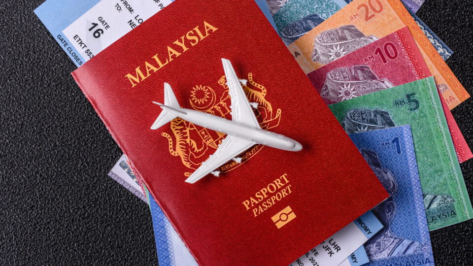 Malaysia passport with airplane and currency