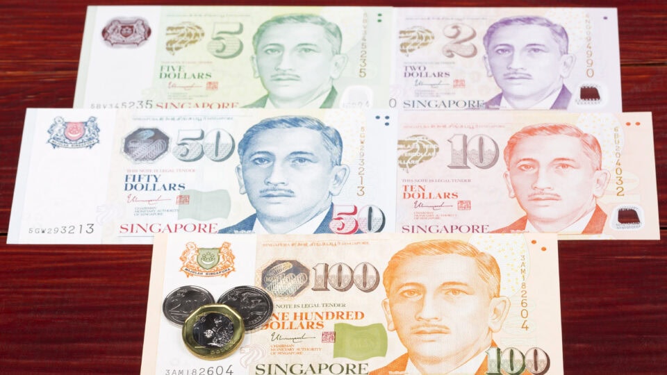 Singapore banknotes and coins displayed together.